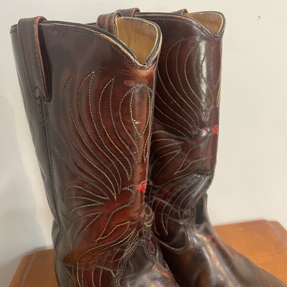 Iron Age Steel Toe Cowboy Boots Phoenix Rising Rainbow Stitch Brown Leather Sz 9 - Picture 10 of 16